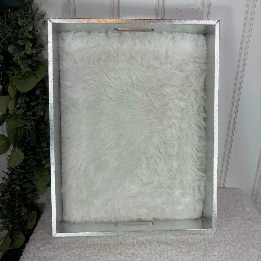 Silver Faux Leather Decor Tray White Faux Fur Liner Decorative Vanity Tray glam